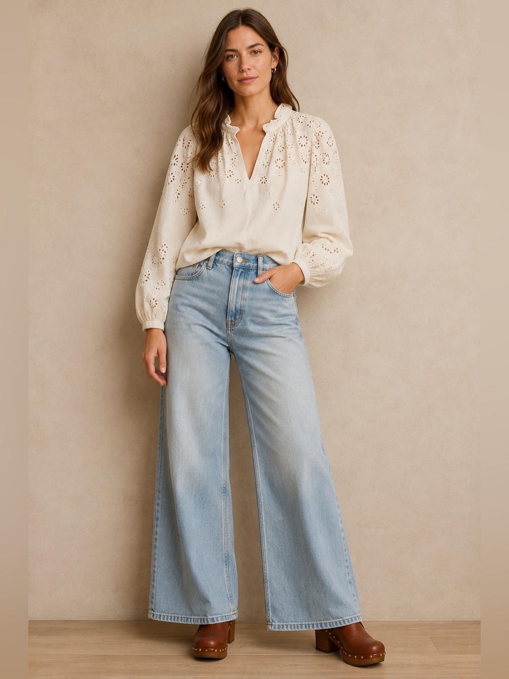 La Vie by Rebecca Taylor Ivory Eyelet Yoke Long-Sleeve Blouse